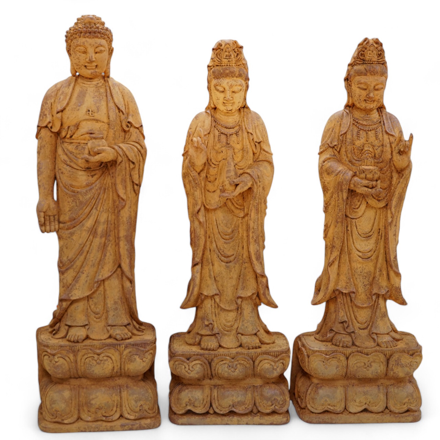 A set of three large Chinese patinated heavy glass figures of Bodhisattvas, tallest 49cm. Condition - good